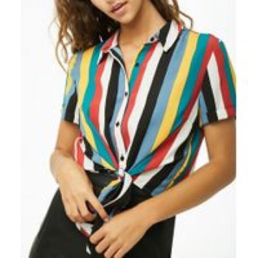 Striped Boxy Tie Button Up Blouse